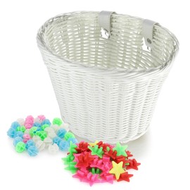 Spesh Kids Bike Basket, Wicker Basket for Kids Bike Boys Girls Bike Baskets Front with 72 Pcs Bike Spoke Beads Bicycle Accessories for Kids Bike(White)