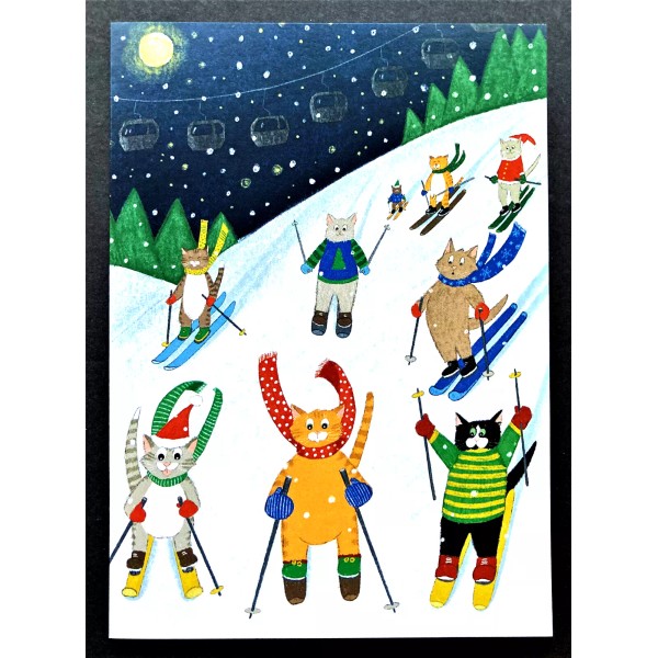 Good Cause Greetings *ONE* Cat Skiing Christmas New Year Card