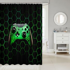 Green Honeycomb Gamepad Kids Shower Curtains,Video Games Gamepad Gaming Gamer Bathroom Curtains for Boys Men,Geometric Honeycomb Hexagon Fashion Waterproof Curtains,12 Hooks Suits,72"W x 72"L