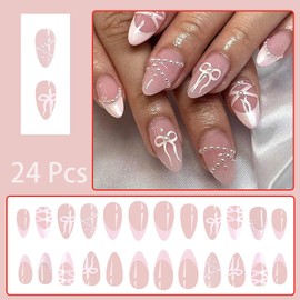 24pcs French Tip Press on Nails Medium Almond Fake Nails with Pearl Designs Cute Bow Glue on Nails Reusable Pink False Nails Full Cover Glossy Acrylic Nails for Women Girl Nail Decoration Set