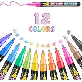 Marcadores Doodle Dazzle Plumas de contorno de doble línea, 12 colores auto contorno metálico