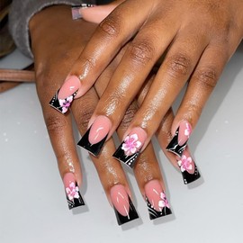 Press on Nails Duck Shaped Glossy Full Cover Medium Acrylic Duck Black French False Nails with Pink Floral Designs Artificial Duck Fake Nails with Glue ons Nails Stick on Fingernails for Women Girls