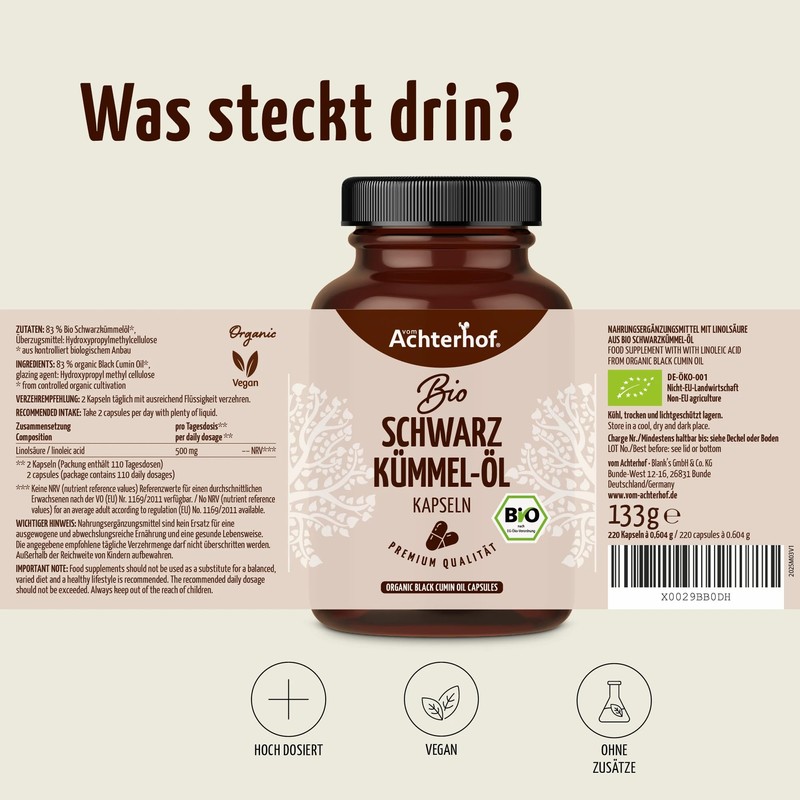 Achterhof Organic Black Cumin Oil Capsules, Pack of 220, 1000