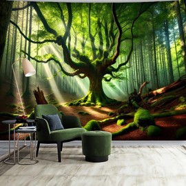 FENDROM - Tapiz de paisaje verde oscuro para decoración del hogar con árboles grandes, para colgar en la pared, para recámara, sala de estar