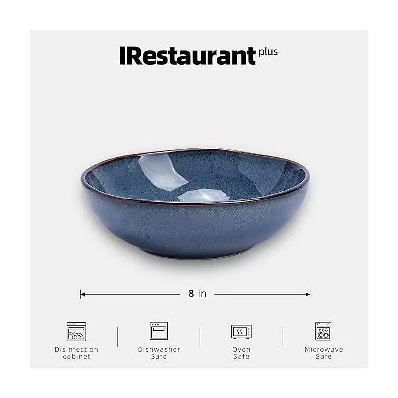 Organic 8in Serving Bowl Stoneware Ceramic Durable Blue Pasta Bowl