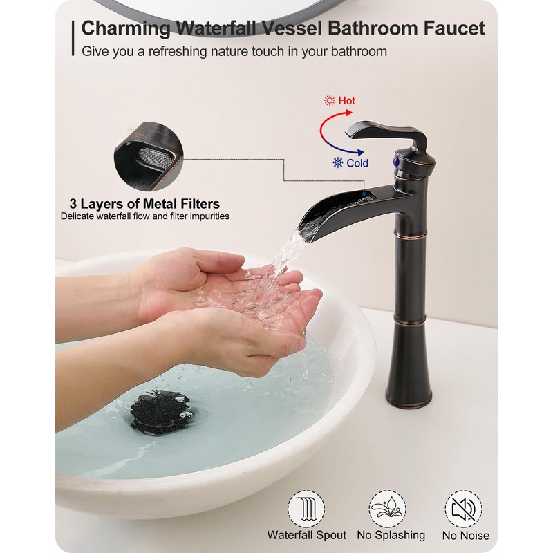 Tall Vessel Sink Faucet, Oil Rubbed Bronze Bathroom Faucet Waterfall