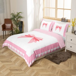Bowknot Pattern Duvet Cover Set Toddler Size,Pink White Geometry Bedding Set for Kids Boys Girls Room Decor,Cute Kawaii Style Comforter Cover,Princess Quilt Cover with 1 Pillowcase(No Comforter)