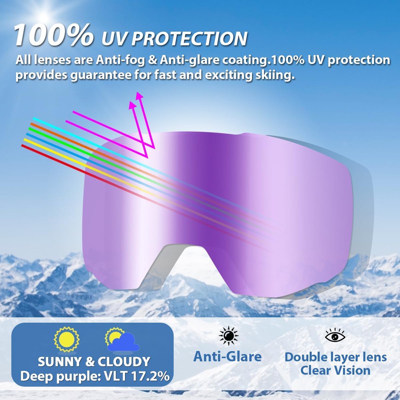 Ski Goggles, Adult Snowboard Goggles for Men Women, OTG Snow