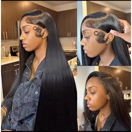 CECININLL Synthetic Lace Front Wig 30 Inch 13x4 HD Lace Pre Plucked Long Straight Glueless Wig with Baby Hair, Heat Resistant Natural 1B Black Wigs for Black Women (1B) (Black, 30 Inch)
