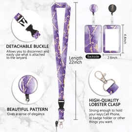 Marble Lanyard Card Holder, ID Badge, Lanyard Card Holder, Removable Cord with Retractable Clip for Key Chains, Name Cards, Door Cards, ID Cards (Marble, Purple)
