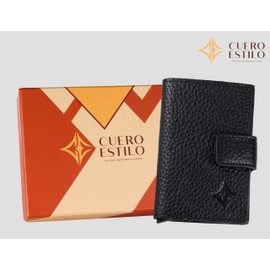 Cuero Estilo Leather Card Holder (Metallic Style) – RFID Protection, Popup Access, Water-Resistant Floater Leather, Multiple Color Options., Black, Leather Card Holder (Metallic Style)