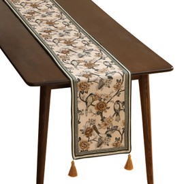 ISAENNE Designer Elegant Linen Table Runner 87 Inches, Vintage Yellow and White Floral Pattern Table Runners for Dining Tables,Decoration for Parties,Christmas,New Year,12"x87"