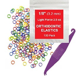 Orthodontic Rubber Bands for Braces - Premium Quality Elastic Teeth Rubber Bands for Braces, Fix Tooth Gaps, Dreadlocks, Includes Free Elastic Placer- Light Force 2.5 oz, 1/8 Inch, Neon (100 Pack)