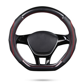 Ergocar Funda Volante De Coche Antideslizante Volante De Coche Protector Forma De D Fibra de Carbono & Piel de Vaca de Primera Capa para Diámetro 38cm (15 ") (D-Negro-Rojo)