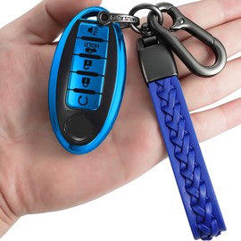 Yonmcfn Key fob Cover with Keychain,TPU 5 Buttons Key case,Compatible with Altima Pathfinder Armada Murano Maxima Rogue Remote Smart car Key,Car Key Accessories,Blue