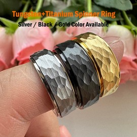 TUTISS 8mm Gold Spinner Tungsten Titanium Fidget Rings for Men Women Anxiety Released Hammered Design Engagement Wedding Band Stepped Edges Comfort Fit Size 8