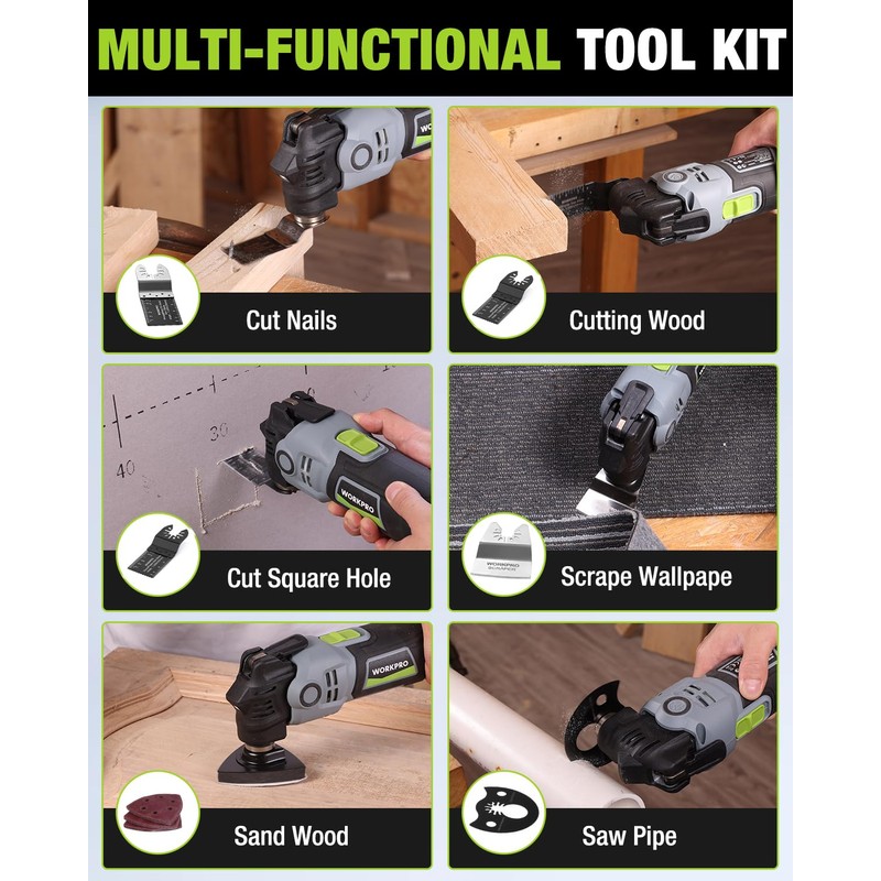 WORKPRO 400W Oscillating Multi-Tool, 6-Speed Corded Power Saw with LED