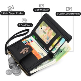 GOUNNU Small Women's PU Leather Purse Small and Short Format RFID Women's Purse with Coin Compartment Small Zip Wallet, Mini Wallet with Card Slots and Bracelet, Black (black-1)