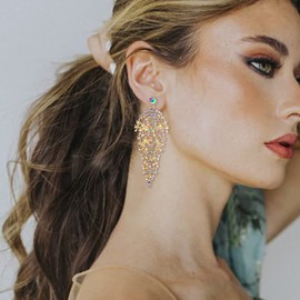 EVER FAITH Long Rhinestone Crystal Wedding Party Filigree Dangle Chandelier Long Stud Earrings for Women Girls Clear Silver Tone, Crystal, No Gemstone