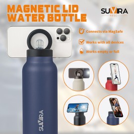 Suvira Stainless Steel Insulated Water Bottle & Magnetic Lid-Compatible with MagSafe,Tripod Phone Mount,&Phone Holder Travel Thermos, Sport,Yoga, Gym Keeps Hot for12 H,Cold 24H (Navy Blue, 24 Ounces)