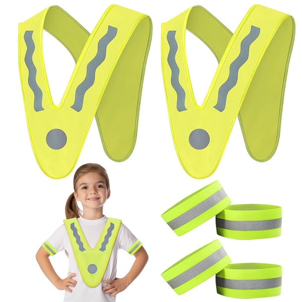 NAVESO Lightweight High Visibility Vests for Children, Pack of 2, V-Shape Safety Vest, Yellow with 4 Wrist Straps, High Visibility Vest Children, Waterproof, Reflector Triangle Children, Safety Vest,