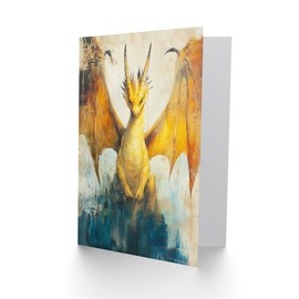Artery8 Greeting Card Yellow Dragon With Big Wings Fantasy Oil Painting Blank For Him Or Her Art Birthday Card