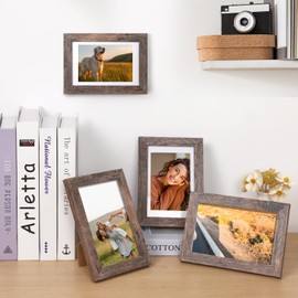 Fixwal 4x6 Picture Frames Set of 5, Rustic Brown Wood Grain with Tempered Real Glass, Vintage Photo Frames for Wall Decor Mounting and Tabletop Display