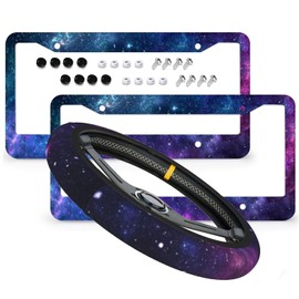 Qiankang Purple License Plate Frames & Starry Sky Steering Wheel Cover Fashion Aluminum License Plate Covers Anti-Slip Breathable Steering Wheels Protector with Screws Fasteners Caps for Men Women