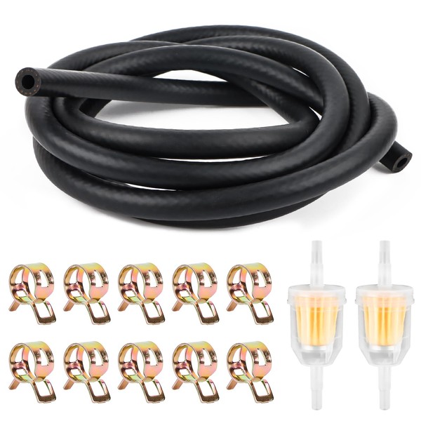Fuel Gas Line Kit, Diameter 6 mm, 2 Metres Fuel Hose NBR with 2 Pieces Fuel Filter and 10 Hose Clamps for Car, Motorcycle, Lawn Mower, Scooter, Small Engines
