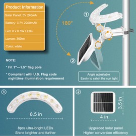 2 in 1 Flag Pole Light Solar Powered with Transfer Ground Stake Fit 1” to 1 ¼” in Dia Flagpoles, 8 Led Solar Flag Light Waterproof Adjustable Panel for Backyard, Tree, Sign