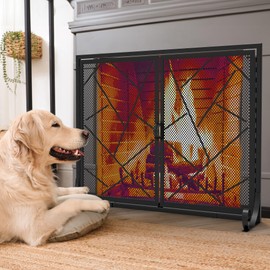 VALONDINO Fireplace Screen with Doors 35 * 28in, Fireplace Screen with Line Pattern, 2-Pannel Handmade with Magnetic Panel Spark Protection Cover, Suitable for Living Room, Children and Pet Safety