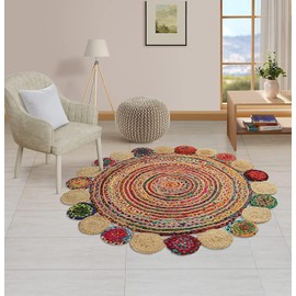 GRUHUM Jute Cotton Area Rug 5ft - Natural Fiber Round Handwoven Boho Farmhouse Colorful Jute Area Rug Soft Braided Rustic Vintage Rugs for Indoor Outdoor Kitchen Bedroom Living Room Hallways Enterways