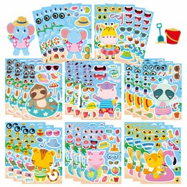 24 Sheets Summer Stickers for Kids Toddlers, Make-a-face Stickers for Kids Classroom Make Your Own Animal Mix & Match Sticker, Pool Beach Luau Hawaii Sticker, Summer Holiday Party Favors