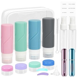 Juego de botellas de viaje de 18 piezas, botellas de viaje de silicona de 100 ml con bolsa transparente, recipientes de viaje recargables, apretables y a prueba de fugas aprobados por la TSA