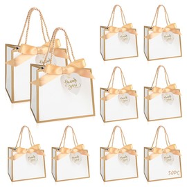 WCHOSOZH 50 Pcs Small Thank You Gift Bags with Handles, 5.5x 2.4x 4.7 Inches Small Gift Bags with Ribbon, Party Favor Bag Mini Paper Bag Bulk for Wedding, Party, Birthday, Valentine's Day (White with Gold Ribbon)