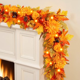 Fall Garland for Mantle, 6FT Pre-Lit Realistic Garland with Lights, Fall Leaves Chrysanthemum Garlands for Table Centerpiece Door Window Fireplace Home Indoor Outdoor Fall Thanksgiving Decorations