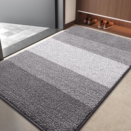 Kitinjoy Indoor Outdoor Door Mat, 40x32 Non-Slip Absorbent Dirt Trapper, Low-Profile Washable Inside Entrance Front Floor Mat, Sturdy Soft Entry Doormats for Entryway, Light Grey