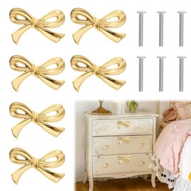 Orizizhic 6 Pcs Gold Bow Drawer Knobs Set，Bow Shape Cabinets Knobs Brass Drawer Pulls with Screw Cabinet Handles for Dresser Kitchen Home Cabinets Bedroom Cupboard