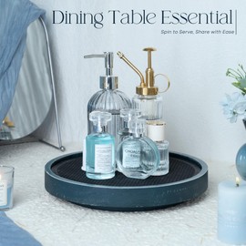 Pine Wood Non-Skid Lazy Susan Organizer Turntable for Bathroom Tray – 10.5" Lazy Susan Turntable for Cabinet, Kitchen Decor & Coffee Table with Rubber Mat - Ideal Coffee Bar Accessories (Blue)