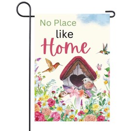Spring Summer Garden Flag 12x18 Inch Double Sided Bird Yard Flags Butterfly Hummingbird Flowers, No Place Like Home, for Outside Yard Decoration