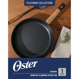 Oster Platinum Oxburg 12 Inch Frying Pan Forged Aluminum PFA Free Non-toxic Premium Ceramic Non Stick Interior Skillet, Kitchen Egg Pan, Omelet Pan - Black w/Wood Handles