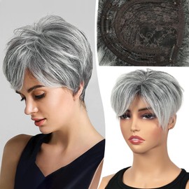 QUEENTAS Grey Hair Toppers for Women Pixie Cut Short Hair Topper Fluffy Synthetic Hair Topper Clip in Top Wavy Hair Pieces Replacement Wiglets
