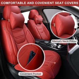 TIEHESYT Martha Red Car Seat Covers Full Set, Breathable Leather Automotive Front and Rear Seat Covers & Headrest for Comfortable Driving, Universal Auto Interior Fit for Most Kinds of Vehicles, Cars