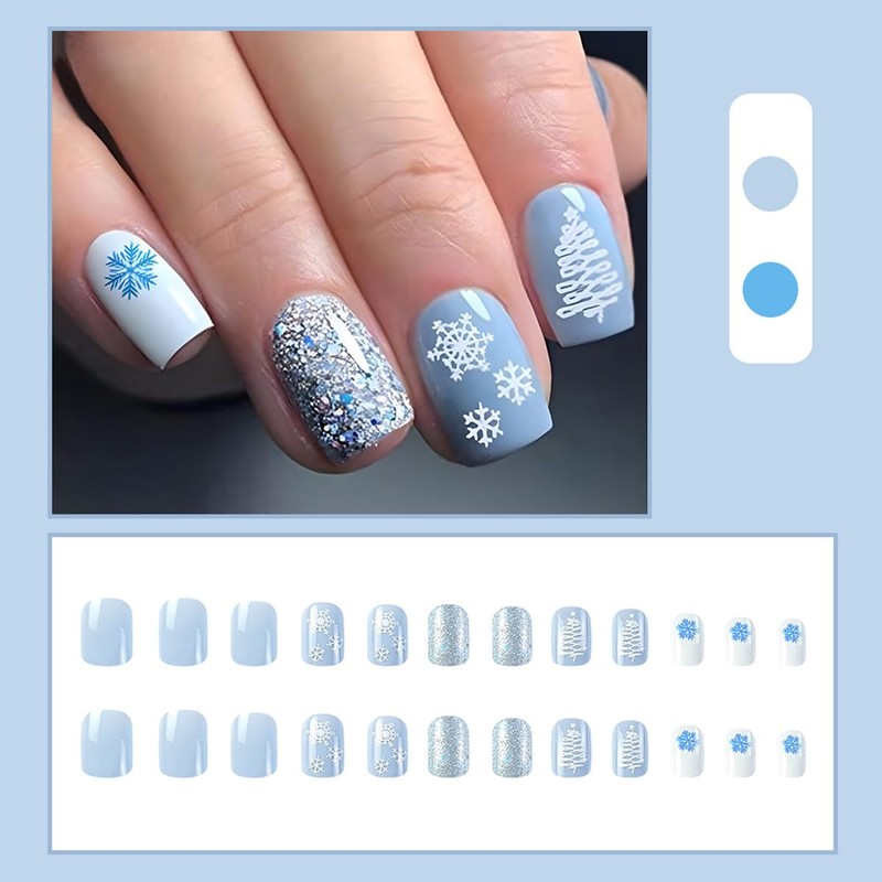 Christmas White Snowflake Press on Nails Short Square False Nails