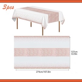 ZSYIULIA 3 pcs Plastic Disposable Tablecloths, 137x274cm Party Table Cover, White and Rose Gold Dot Confetti Rectangular Party Table Cover for Picnic, Christmas, Birthday, Baby Shower Decorations