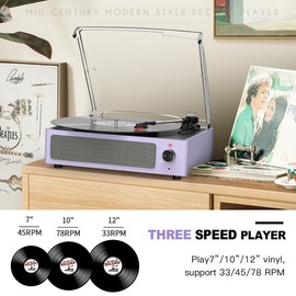 WOCKODER Vinyl Record Players Vintage Turntable with Speakers Belt-Driven Turntables Support 3-Speed, Bluetooth Wireless Playback, Headphone, AUX-in, RCA Line LP Vinyl Players Light Purple