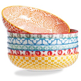 ONEMORE Colorful Pasta Bowls Set of 6, 36oz - Oven/Microwave/Dishwasher Safe Ceramic Wide Bowl for Dinner - Stackable, Scratch Resistant - Assorted Colors