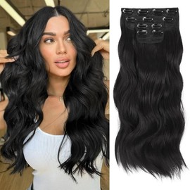 Vigorous Clip in Hair Extensions Long Wavy Synthetic Hairpieces,Natural & Soft Hair & Blends Well Hair Extensions,Easy to Wear for Women Girls Daily Use Event Party Use:_1B Black （20inch）_4PCS(20inch)