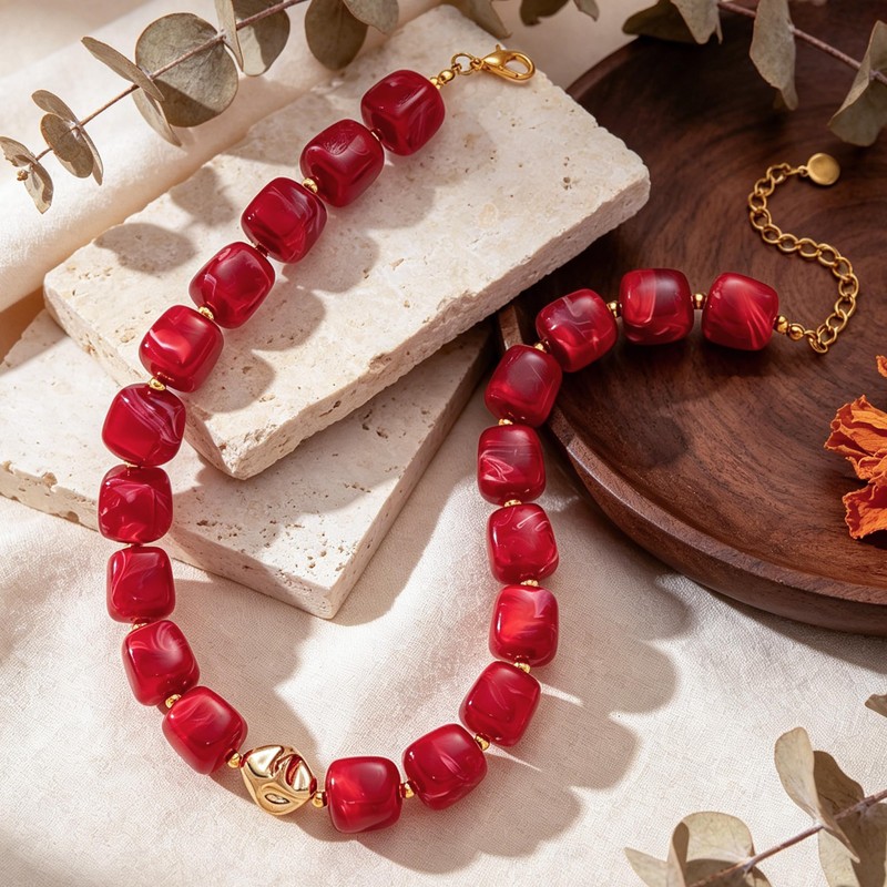 Forgreafa Red Chunky Beaded Necklace for Women Vintage Ruby Burgundy