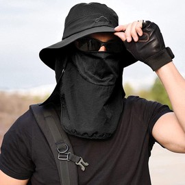 ehsbuy Fishing Hat Men's Wide Brim Mesh Tropical Hat Safari Hat Foldable Sun Hat with Face Cover Neck Flap, black